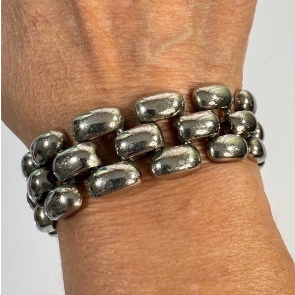 Chunky Link Tank Bracelet Silver Tone Metal Fold Over Clasp About 7.5 Shiny